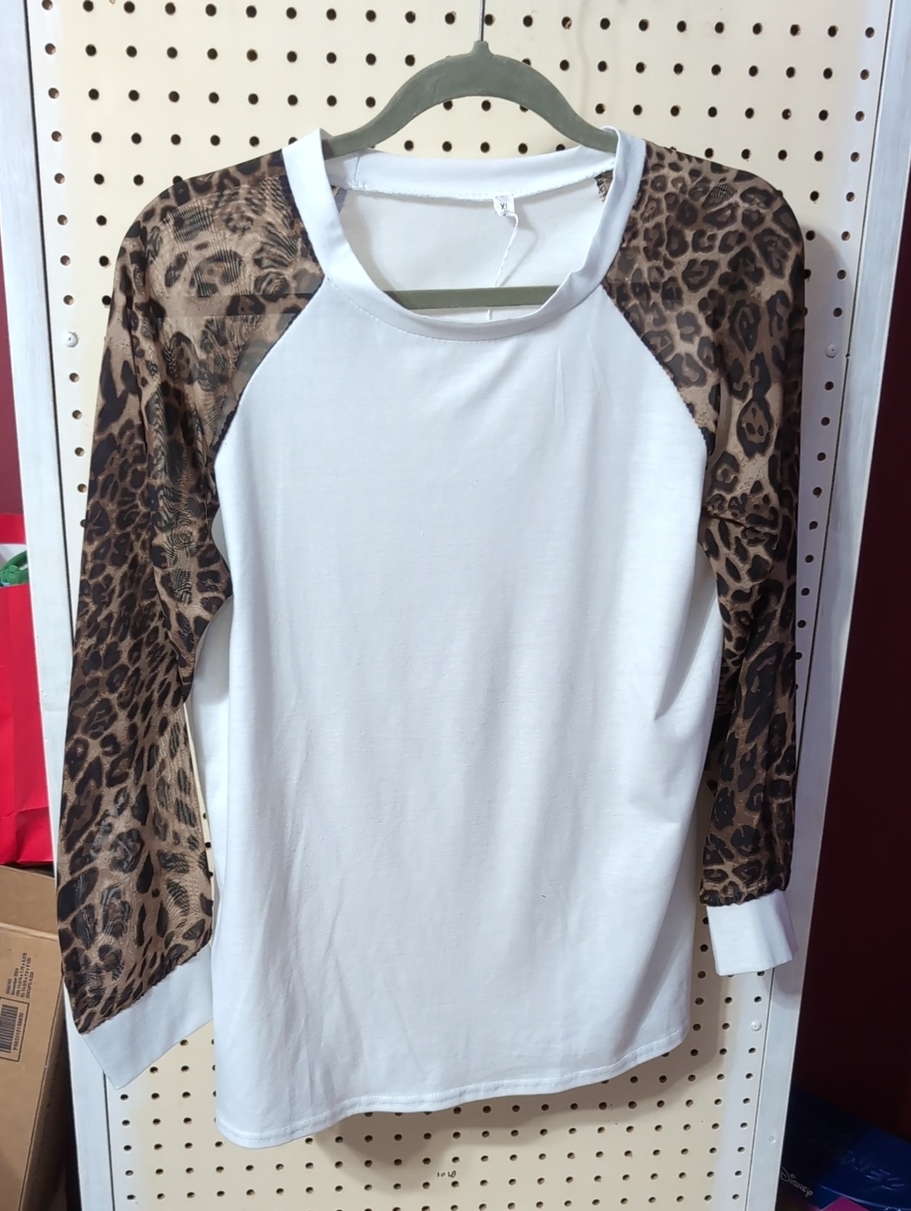 White Raglan Top with Leopard Print Sleeves